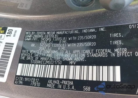 2021 Toyota Sienna Xse из США, поврежденный, VIN 5TDDRKEC2MS021750